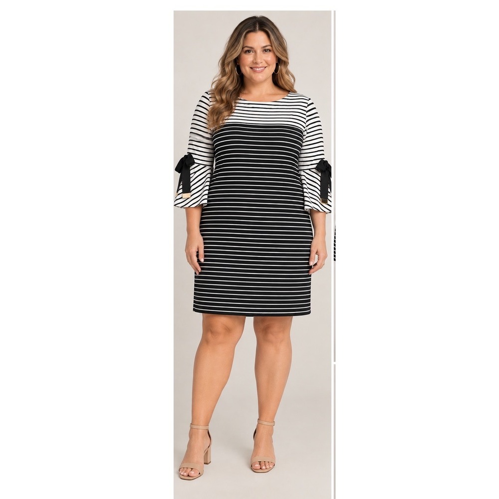 Lauren Ralph Lauren Striped Bell Sleeve Tie Cuff Shift Dress Black White 1X